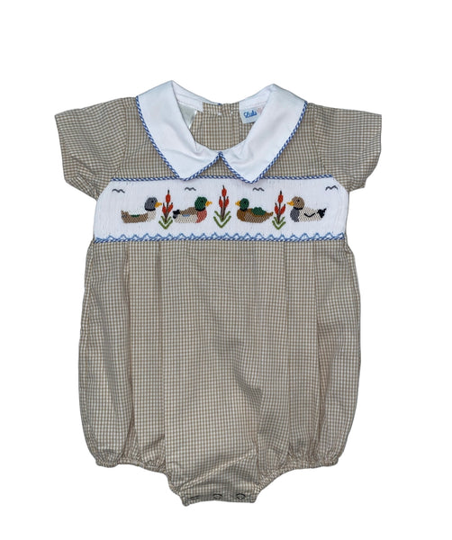 Lulu Bebe Duck Beige Gingham Smock Bubble