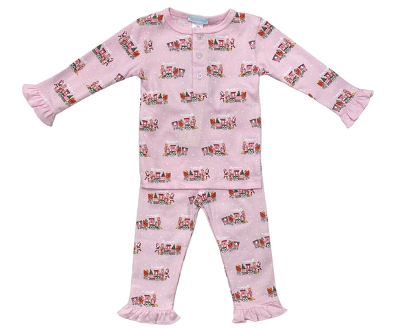 La Luna Girl Pima 2pc PJ Set Christmas Train Pink