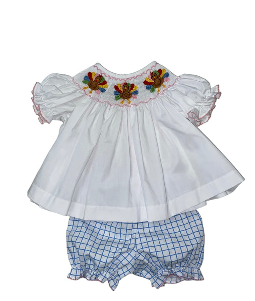 Lulu Bebe Turkey Blue Check Smocked Bloomer Set