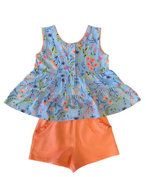 Forever Young Flower Top With Ruffle Pocket Short Set