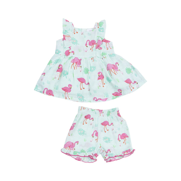 Angel Dear Square Neck Ruffle Tank Short Set Flamingos