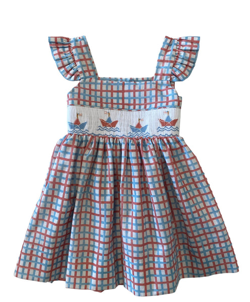 Lulu Bebe Patriotic Boats Angel Sleeve Smocked Dress