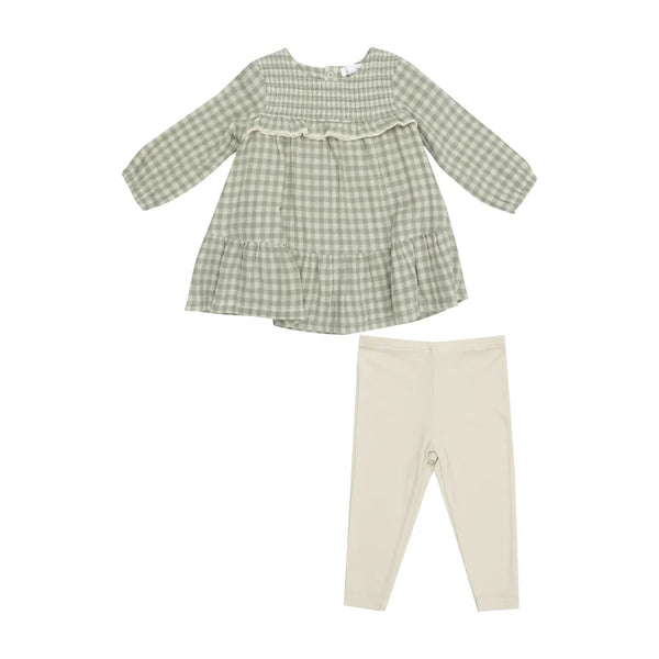 Angel Dear Smocked Ruffle Tiered Dress Ribbed Legging Set Mini Green Gingham